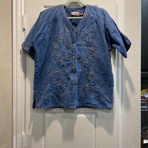 PREMIER INTERNATIONAL Women's M Denim Shirt Short Sleeve Embroidery VTG